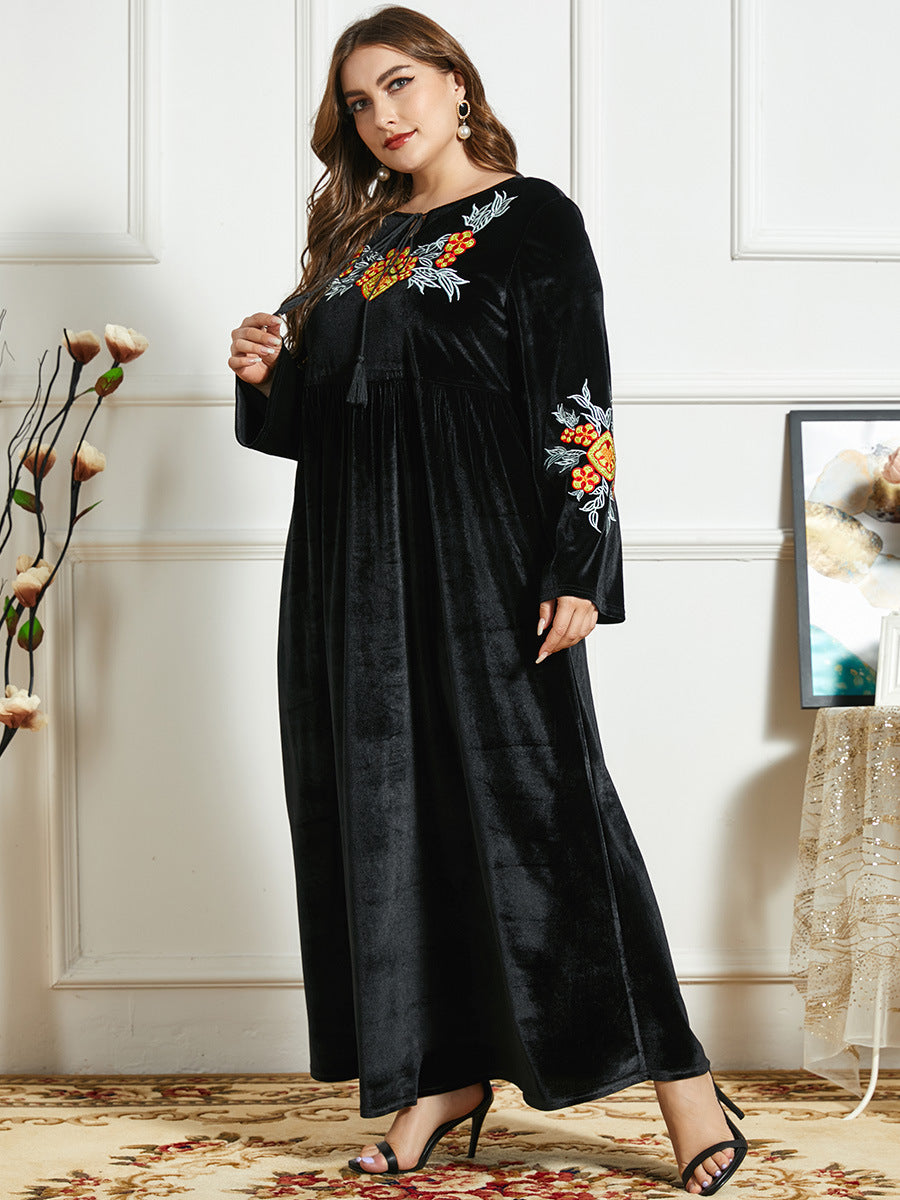 Women's Thickened Gold Velvet Ethnic Embroidery Casual Comfortable Long Skirt Arab Robe