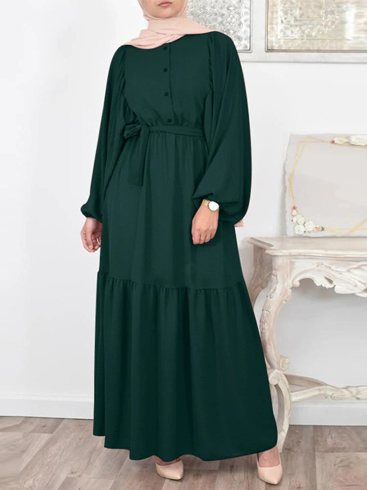 Muslim Solid Color Puff Sleeve O-neck Overlong Dress With Belt