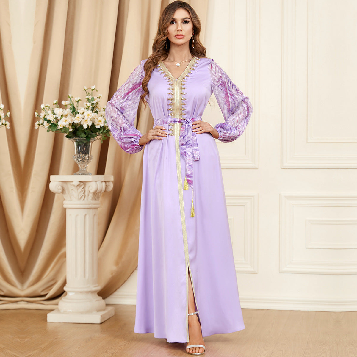 Patchwork Puff Sleeve Long Sleeve Arabic Dress