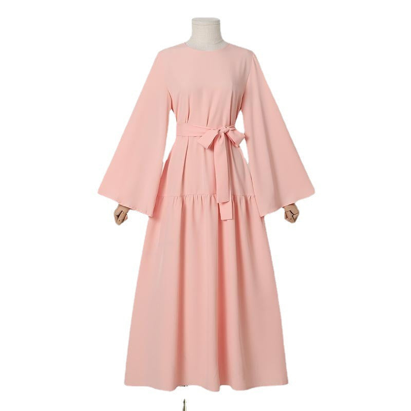 Muslim Women's Wear Casual Bell Sleeve Belted Swing Long Dress