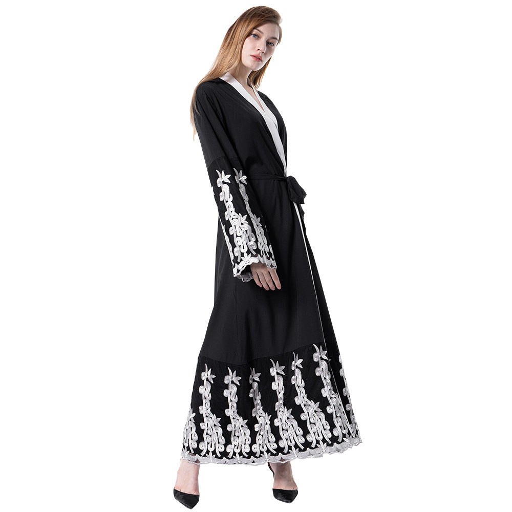 Fashionable Mesh Stitching Embroidery Loose Cardigan Gown For Women