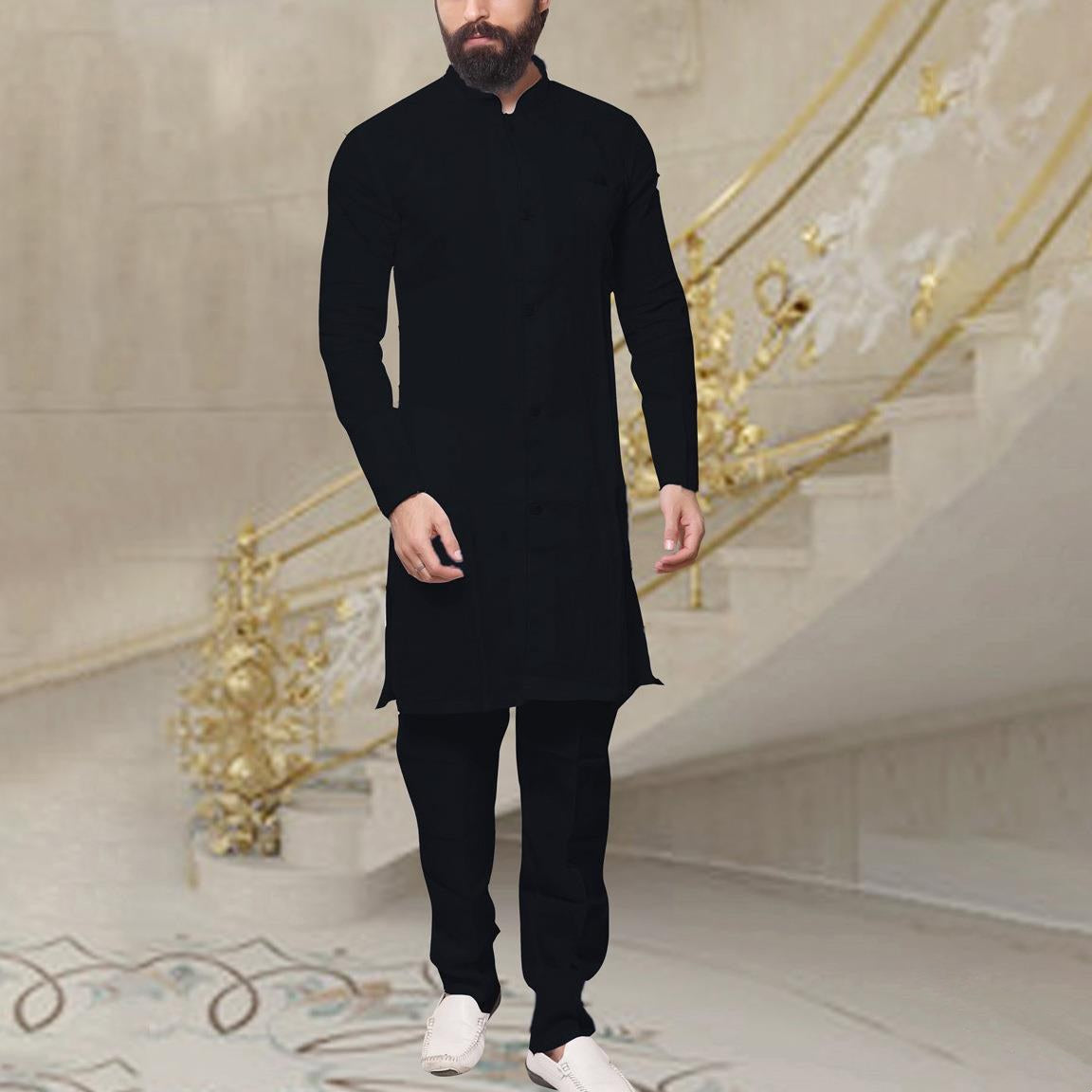 Men Muslim Kurta Pyjama Linen Button