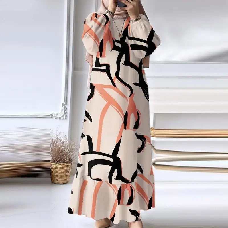 Muslim Women's Wear Robe Vintage Maxi Dress Pure Color Ruffles Hem Dress