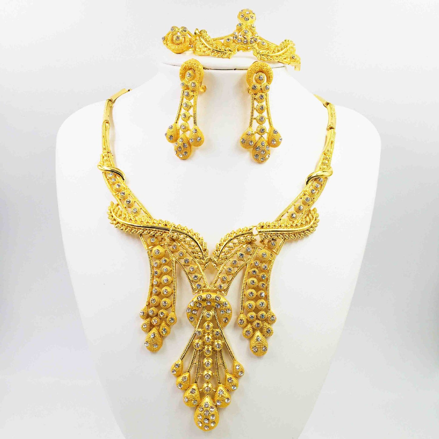 European And American Jewelry Hot-selling 24k Gold Alloy Jewelry Set Necklace Bracelet Ring Earrings Four-piece Set