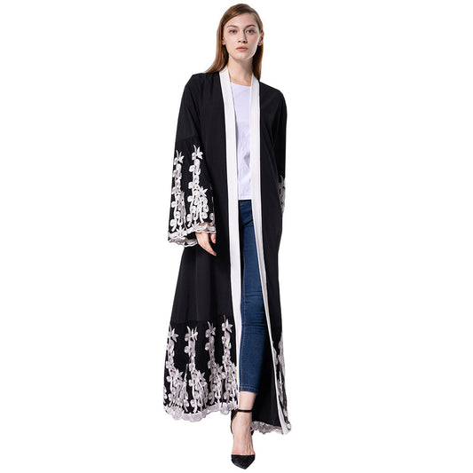 Fashionable Mesh Stitching Embroidery Loose Cardigan Gown For Women