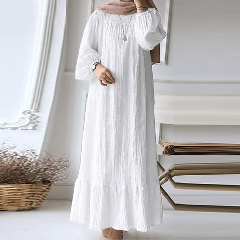 Muslim Women's Wear Robe Vintage Maxi Dress Pure Color Ruffles Hem Dress