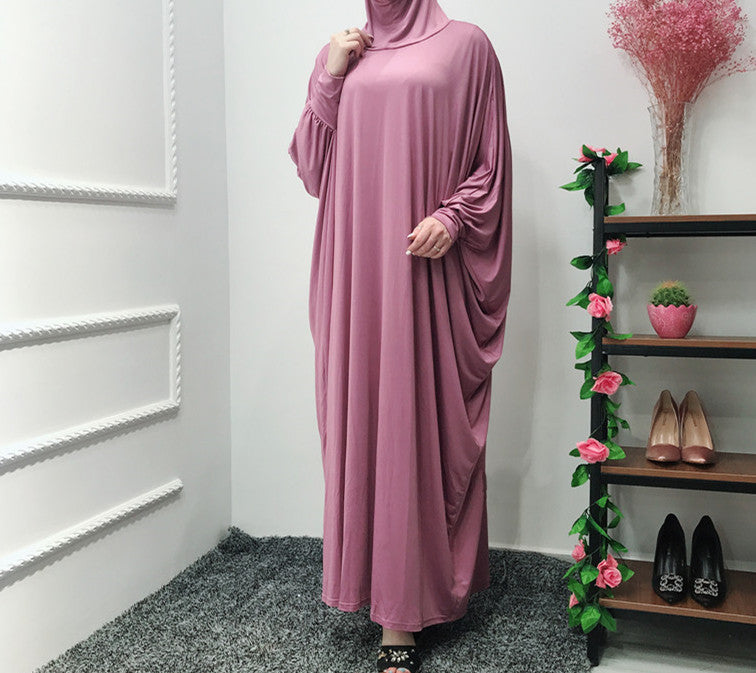 Solid Color Bat Sleeve Hooded Robe Dress