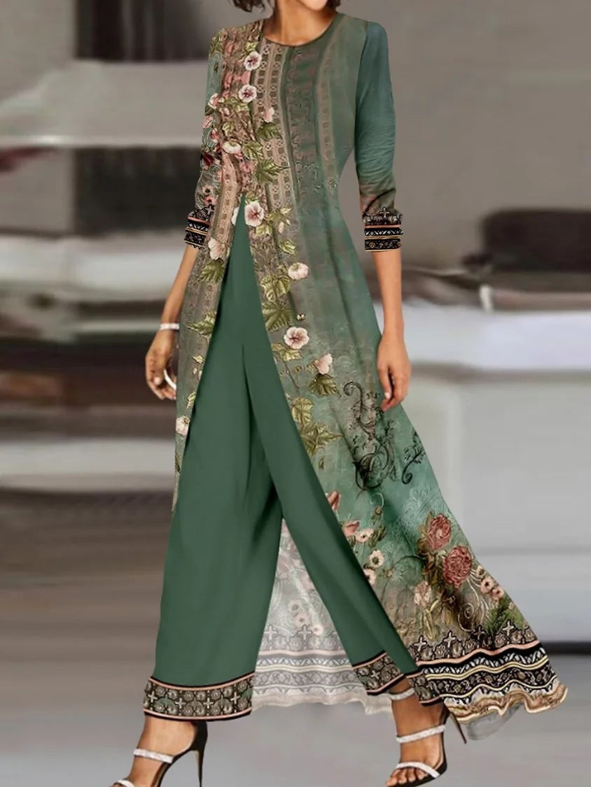 Women Dress Two-piece Emerald Long Style Long Sleeve Printing