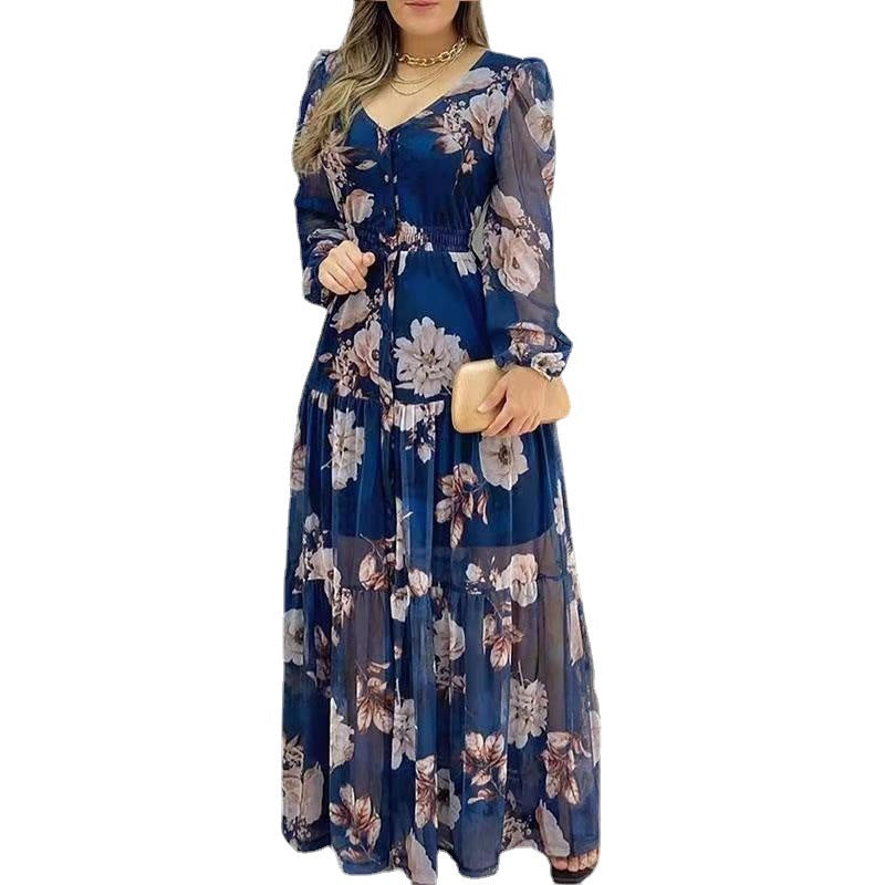 Long Printed V-neck Chiffon Dress