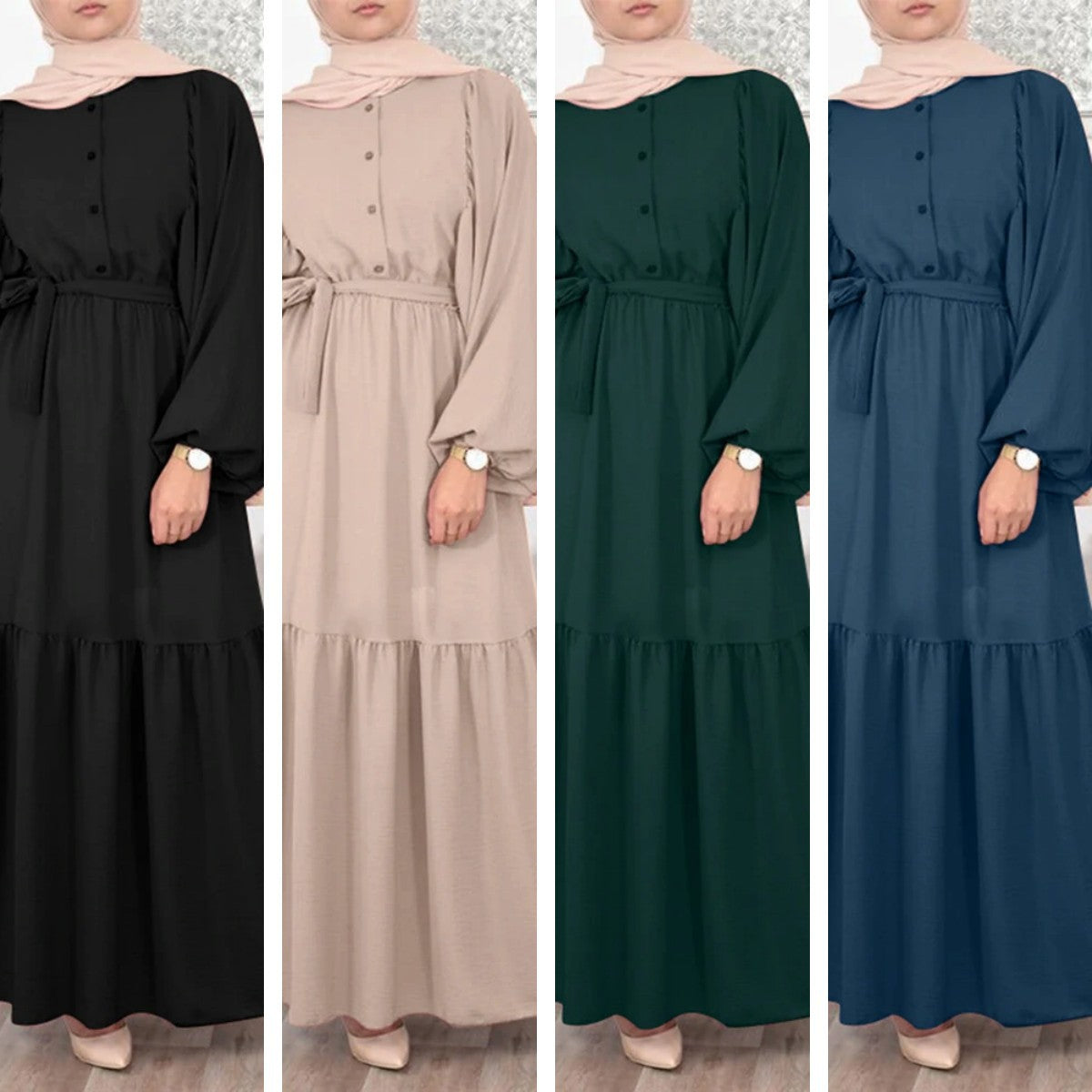 Muslim Solid Color Puff Sleeve O-neck Overlong Dress With Belt