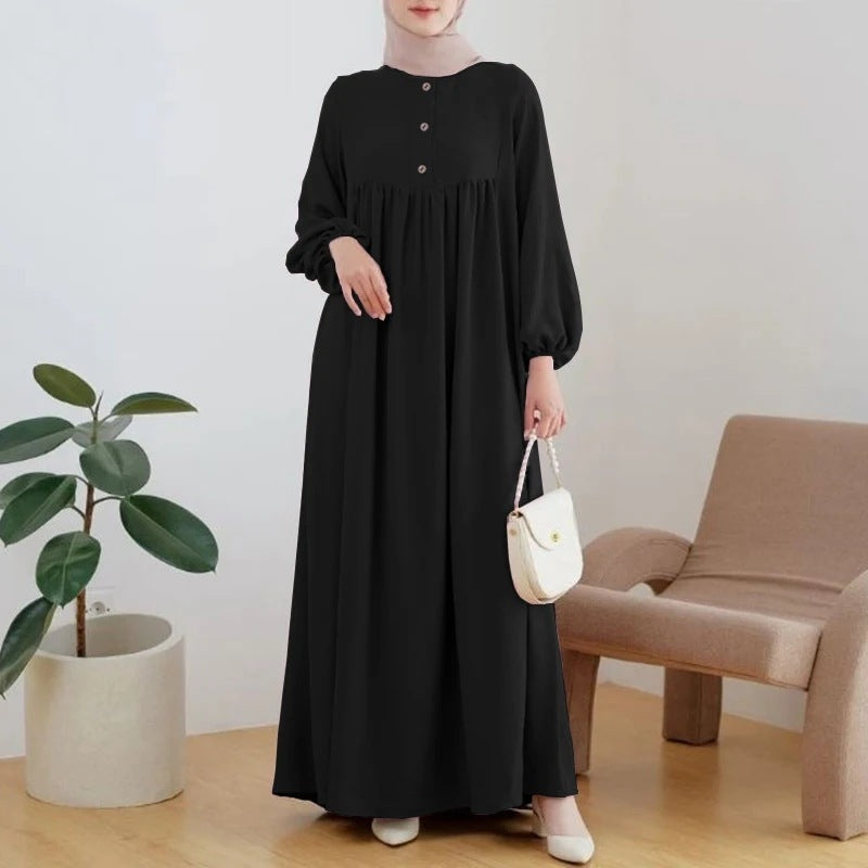 Muslim Robe Casual Lantern Sleeve Simple Solid Color Dress