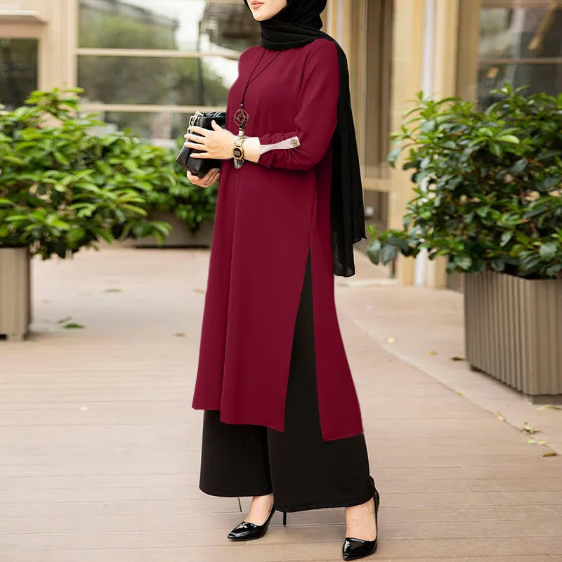 New Muslim Dubai Robe Pure Color Split Dress