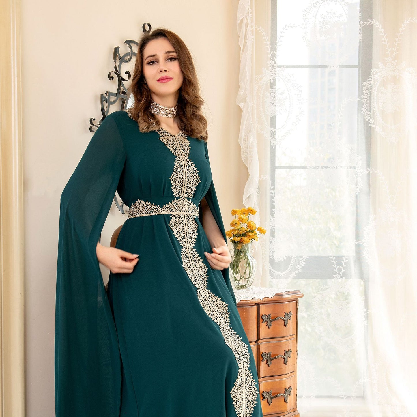 Cape Sleeve Lace Chiffon Dubai Arab Batwing Sleeve Dress